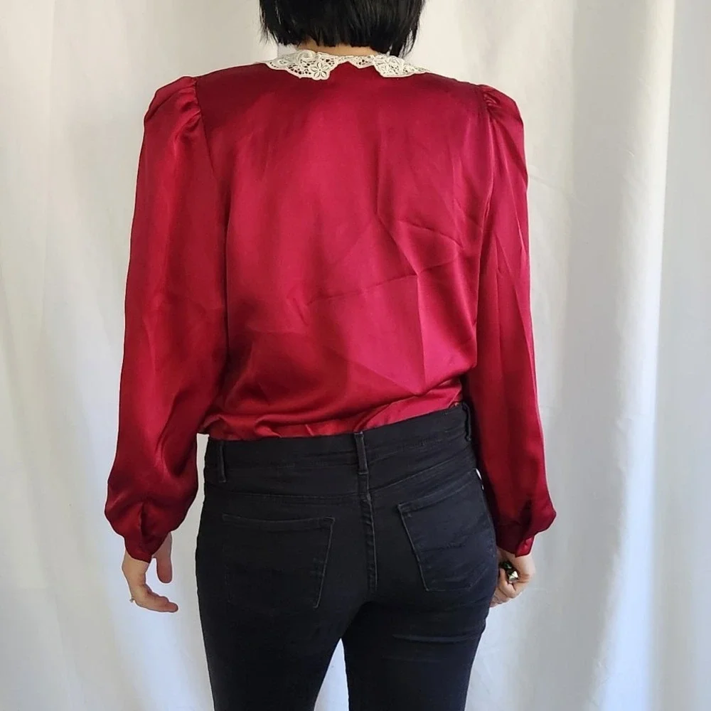 80s Cranberry Red Blouse with Lace Collar - Picture 3 of 5
